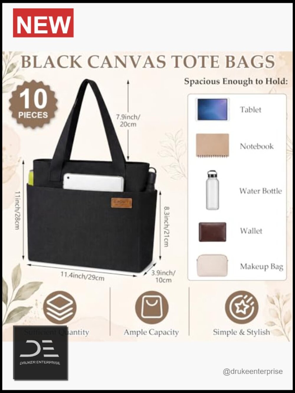 Canvas Tote Bag, Reusable Shoulder Handbag with Zipper, Multi-Pocket, Durable, - Picture 4 of 7
